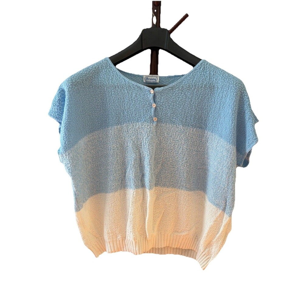 Vintage Brunny Blue Striped Short Sleeve Henley Knit Top